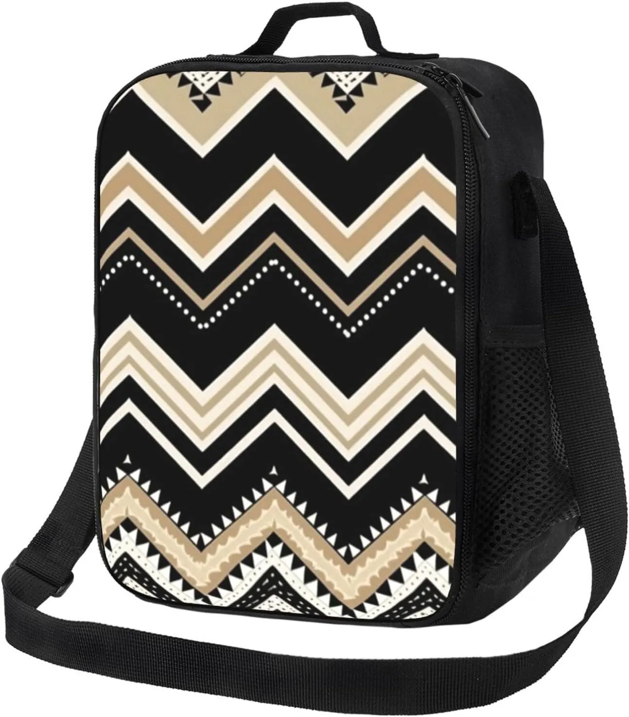 Black White Tan Zigzag Lunch Bag for Men Women Insulated Lunch Box for Adult Reusable Lunch Tote Bags Large Capacity Lunch Case Leakproof Cooler Lunch Container for Work Travel Office