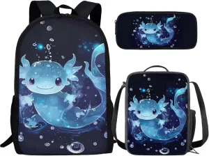 Blue Axolotl Backpack with Lunch Box Kids Girls 4 Grade Preppy Elementary School Bookbag and Lunch Bag Set 6-8/8-10/10-12 Middle Student Back Pack Lunchbox Pencil Case Book Bags Schoolbag