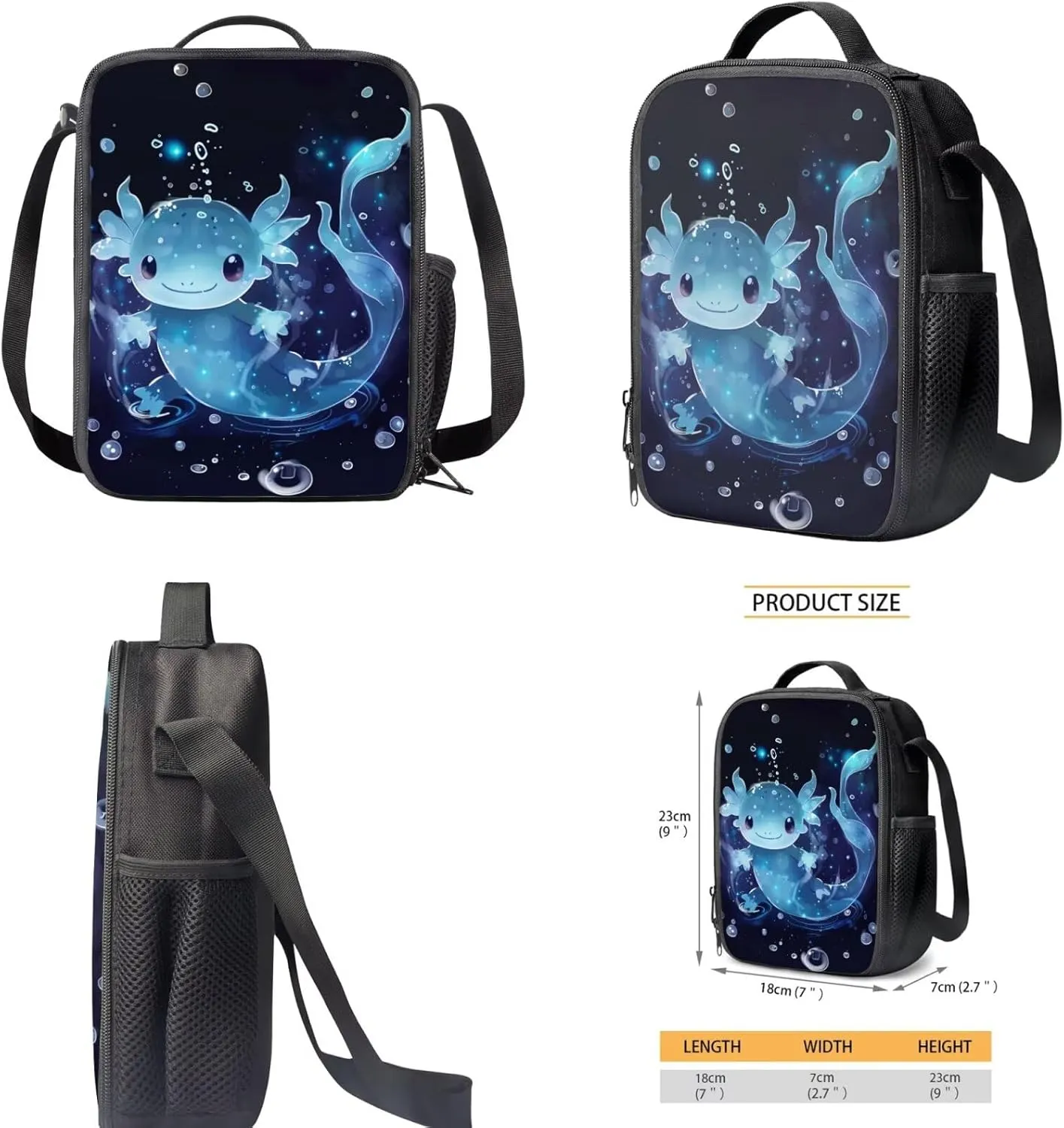 Blue Axolotl Backpack with Lunch Box Kids Girls 4 Grade Preppy Elementary School Bookbag and Lunch Bag Set 6-8/8-10/10-12 Middle Student Back Pack Lunchbox Pencil Case Book Bags Schoolbag