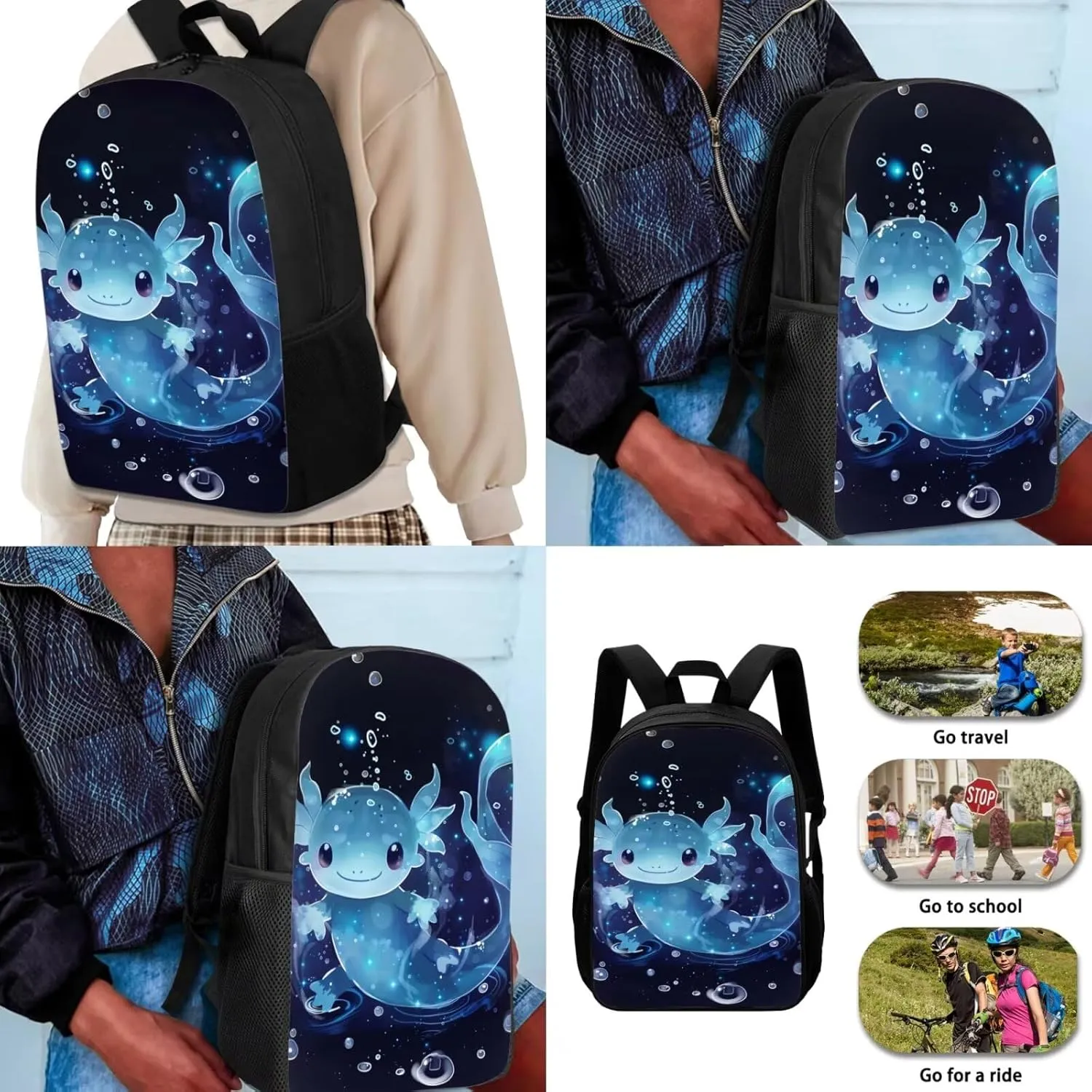 Blue Axolotl Backpack with Lunch Box Kids Girls 4 Grade Preppy Elementary School Bookbag and Lunch Bag Set 6-8/8-10/10-12 Middle Student Back Pack Lunchbox Pencil Case Book Bags Schoolbag