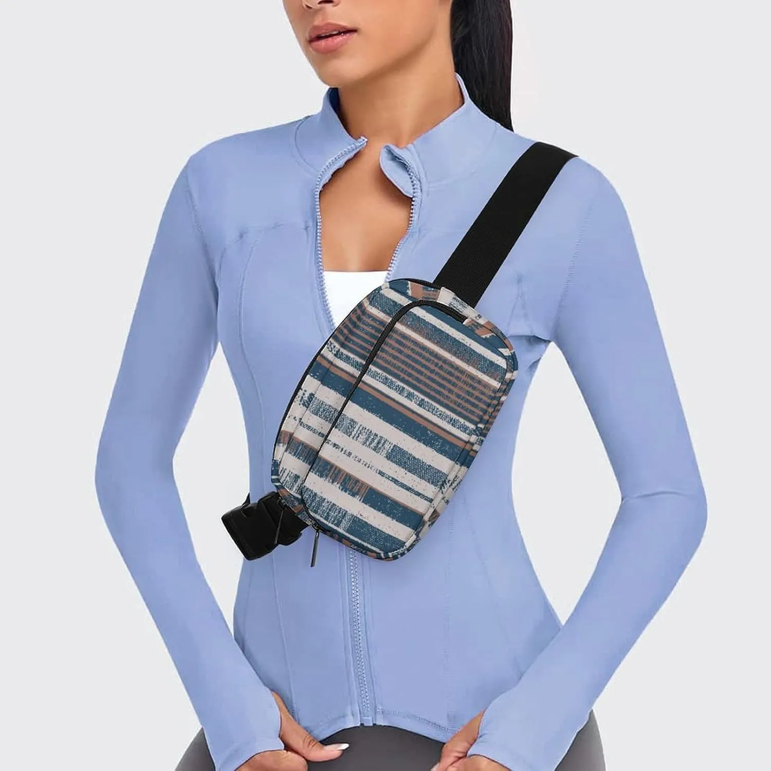 Blue Brown Vertical Stripes Belt Bag Fanny Pack for Women Men Colored Crossbody Waist Bag Pack Adjustable Casual Bag for Travel Running Workout Cycling