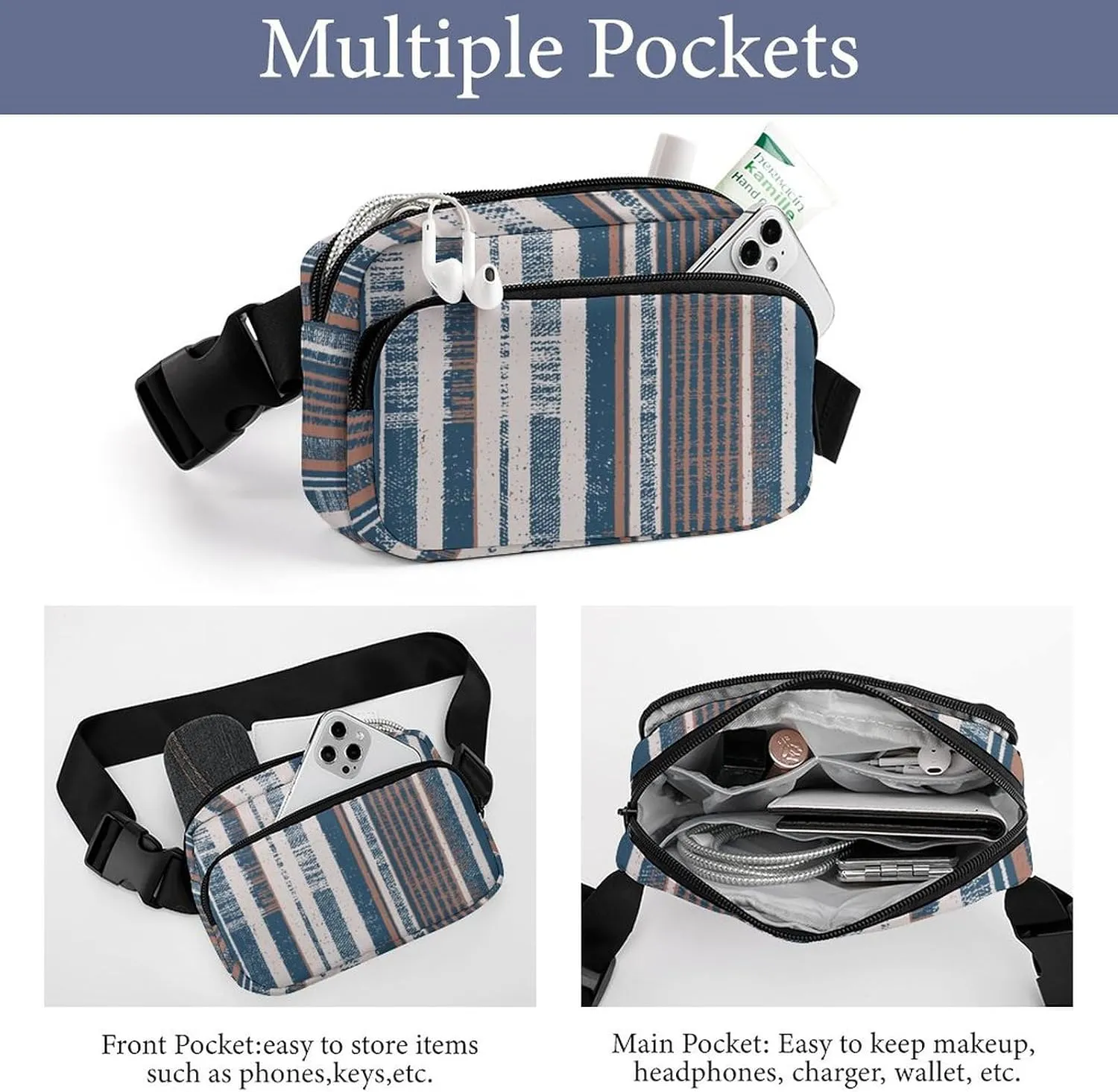 Blue Brown Vertical Stripes Belt Bag Fanny Pack for Women Men Colored Crossbody Waist Bag Pack Adjustable Casual Bag for Travel Running Workout Cycling