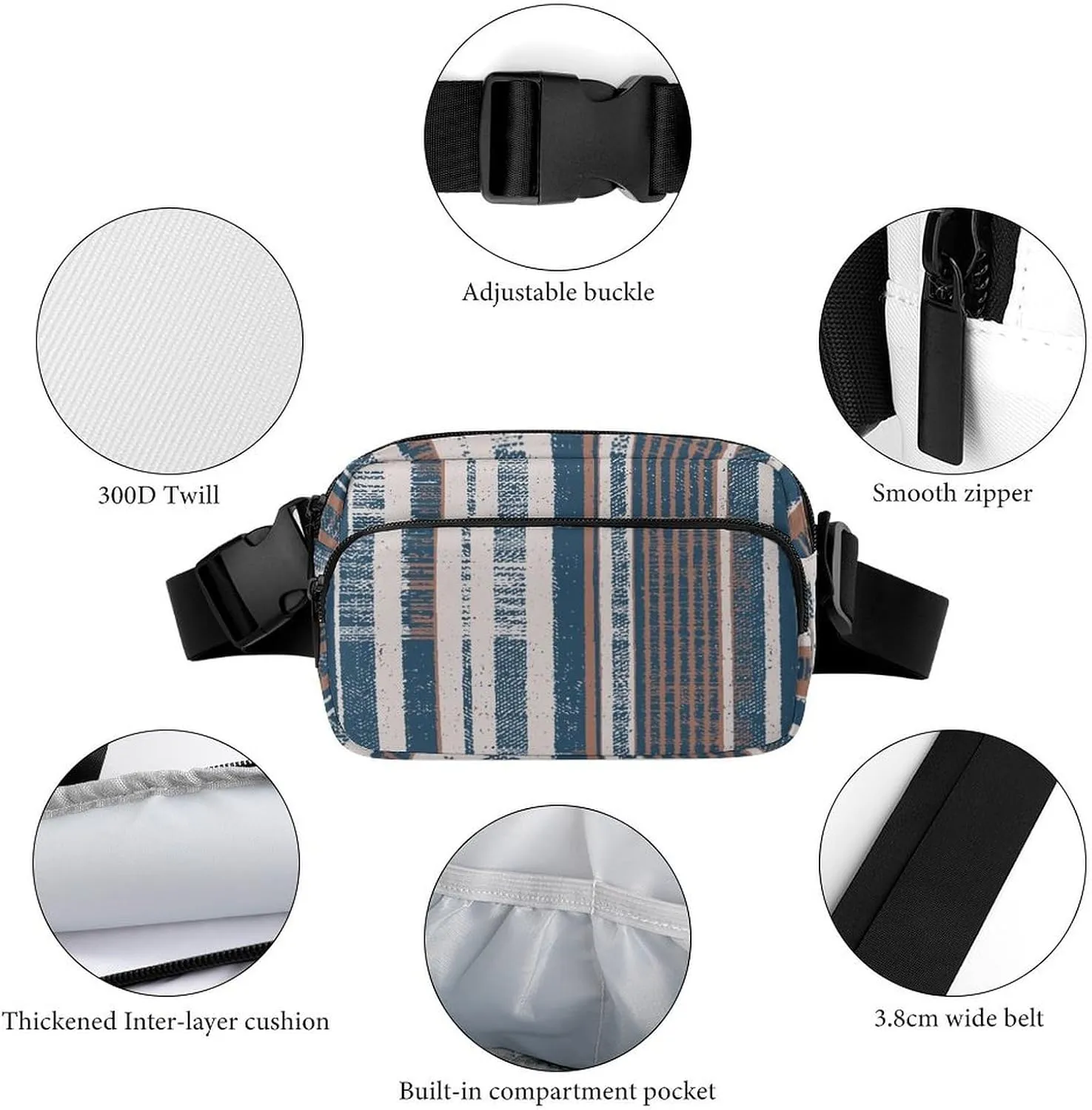 Blue Brown Vertical Stripes Belt Bag Fanny Pack for Women Men Colored Crossbody Waist Bag Pack Adjustable Casual Bag for Travel Running Workout Cycling
