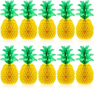 Blulu 10 Packs Pineapple Decorations 14 Inch Pineapple Honeycomb Centerpieces Tissue Paper Table Hanging Decoration for Hawaiian Luau Party Supplies Favors