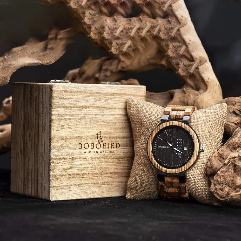 BOBO BIRD Week and Date Multi-Functional Display Men's Zebra Wooden Quartz Watch Lightweight Handmade Casual Wristwatches with Gift Box