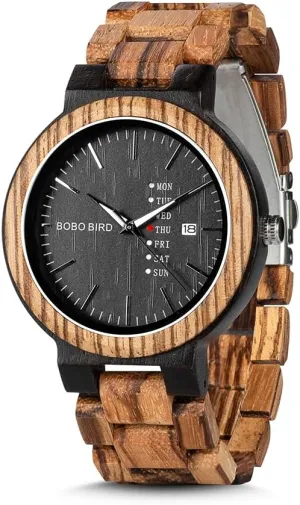 BOBO BIRD Week and Date Multi-Functional Display Men's Zebra Wooden Quartz Watch Lightweight Handmade Casual Wristwatches with Gift Box