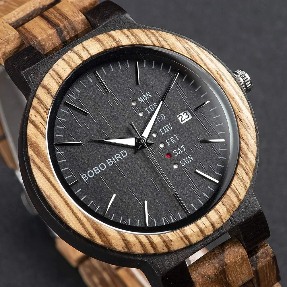 BOBO BIRD Week and Date Multi-Functional Display Men's Zebra Wooden Quartz Watch Lightweight Handmade Casual Wristwatches with Gift Box