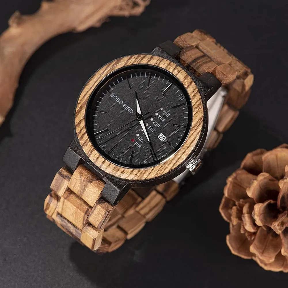 BOBO BIRD Week and Date Multi-Functional Display Men's Zebra Wooden Quartz Watch Lightweight Handmade Casual Wristwatches with Gift Box