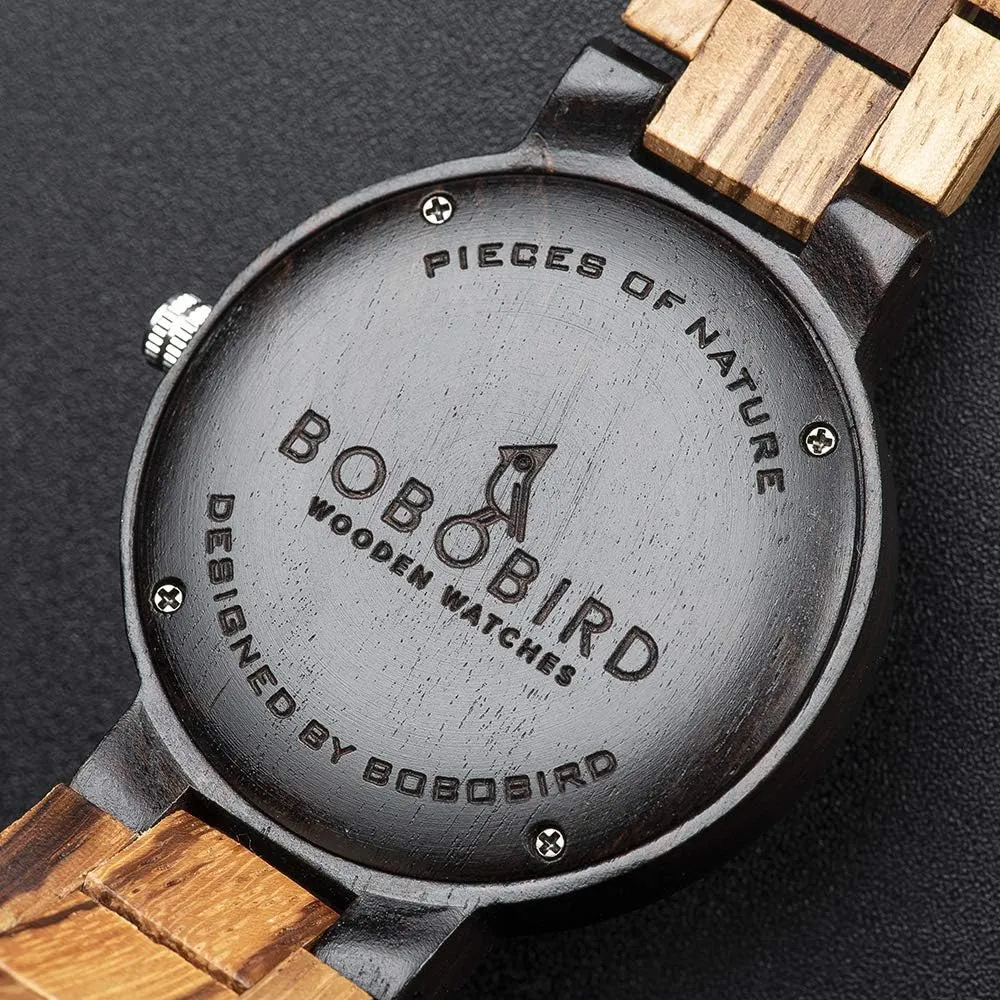 BOBO BIRD Week and Date Multi-Functional Display Men's Zebra Wooden Quartz Watch Lightweight Handmade Casual Wristwatches with Gift Box