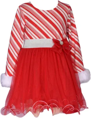 Bonnie Jean Girl's Christmas Holiday Dress - Candy Cane Striped Santa Dress for Baby Toddler Little and Big Girls