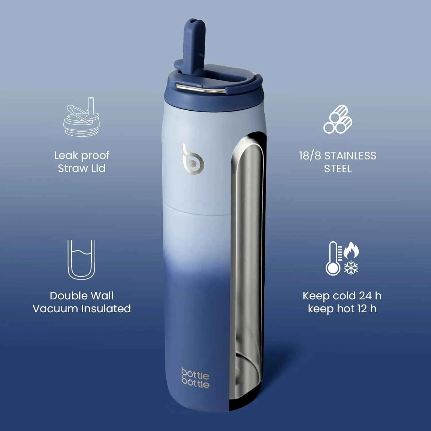 BOTTLE BOTTLE Stainless Steel Water Bottle with Straw and Lid, 32 oz Vacuum Insulated Flask Stay Cold for 24 Hrs Hot for 12 Hrs Leak-Proof Wide Mouth Sports Water Bottles Best Gifts blue
