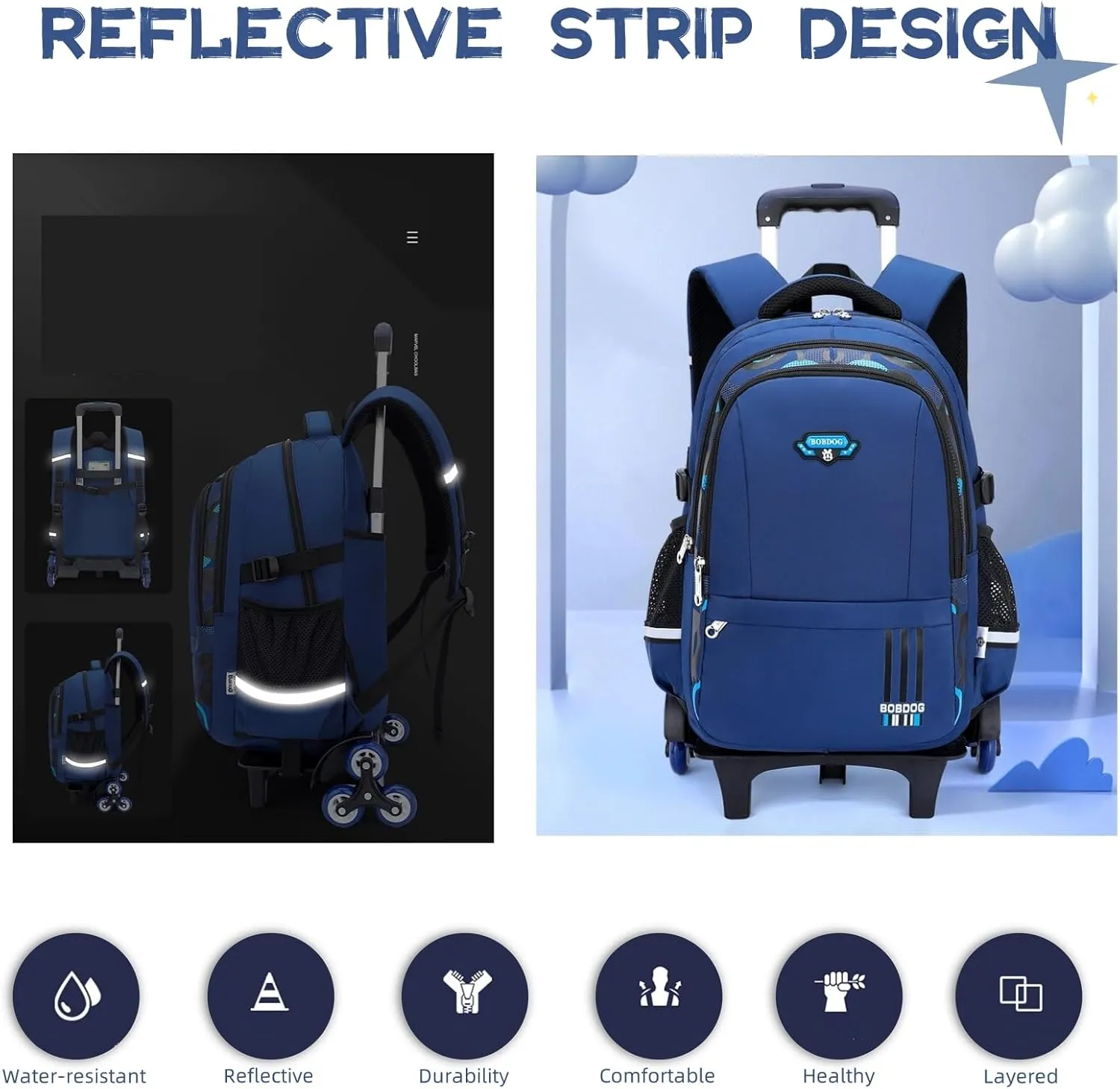 Boys Rolling Backpack Elementary Middle School Students Bookbag with Wheel Teens Trolley Removable Schoolbag