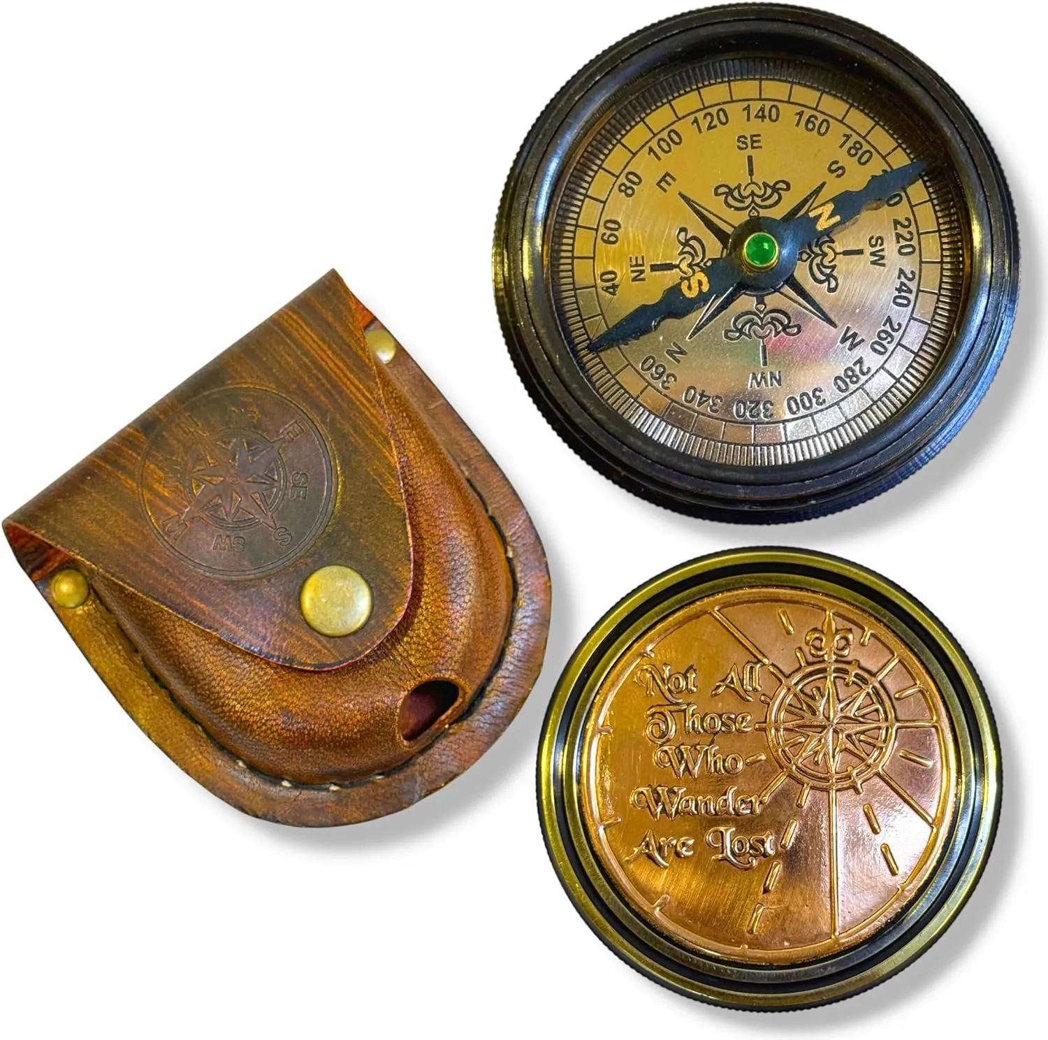 Brass Compass with Genuine Leather Case | Precision Navigation Tool, Classic Antique Design, Perfect for Outdoor Adventures, Collectors, and Gift-Giving