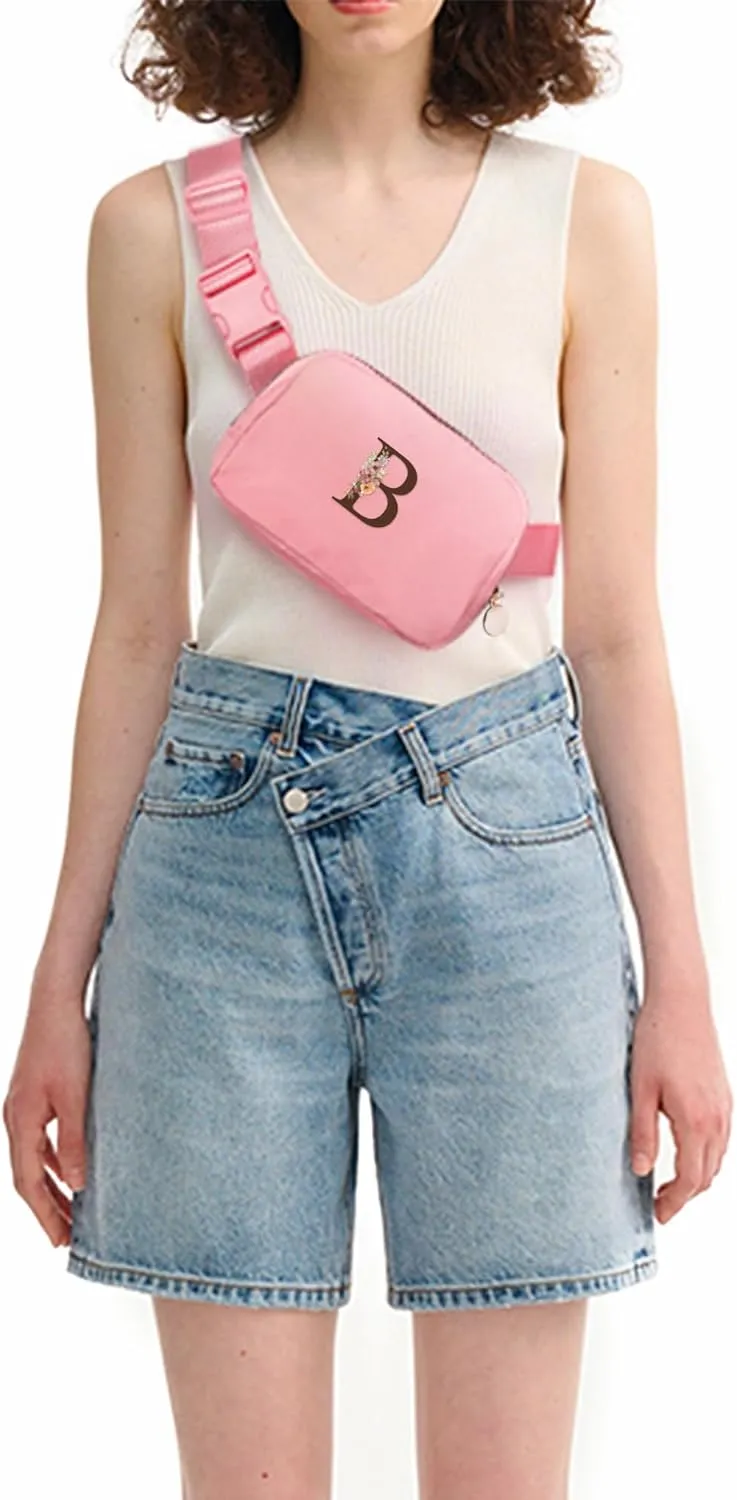 Bridesmaid Gifts Wedding Day - Bridesmaid Proposal Gift,Bridal Shower Gifts,Maid of Honor Gifts,Bachelorette Party Decorations Favors,Crossbody Bag Fanny Pack,Initial Flower B,Pink Bag, Peach