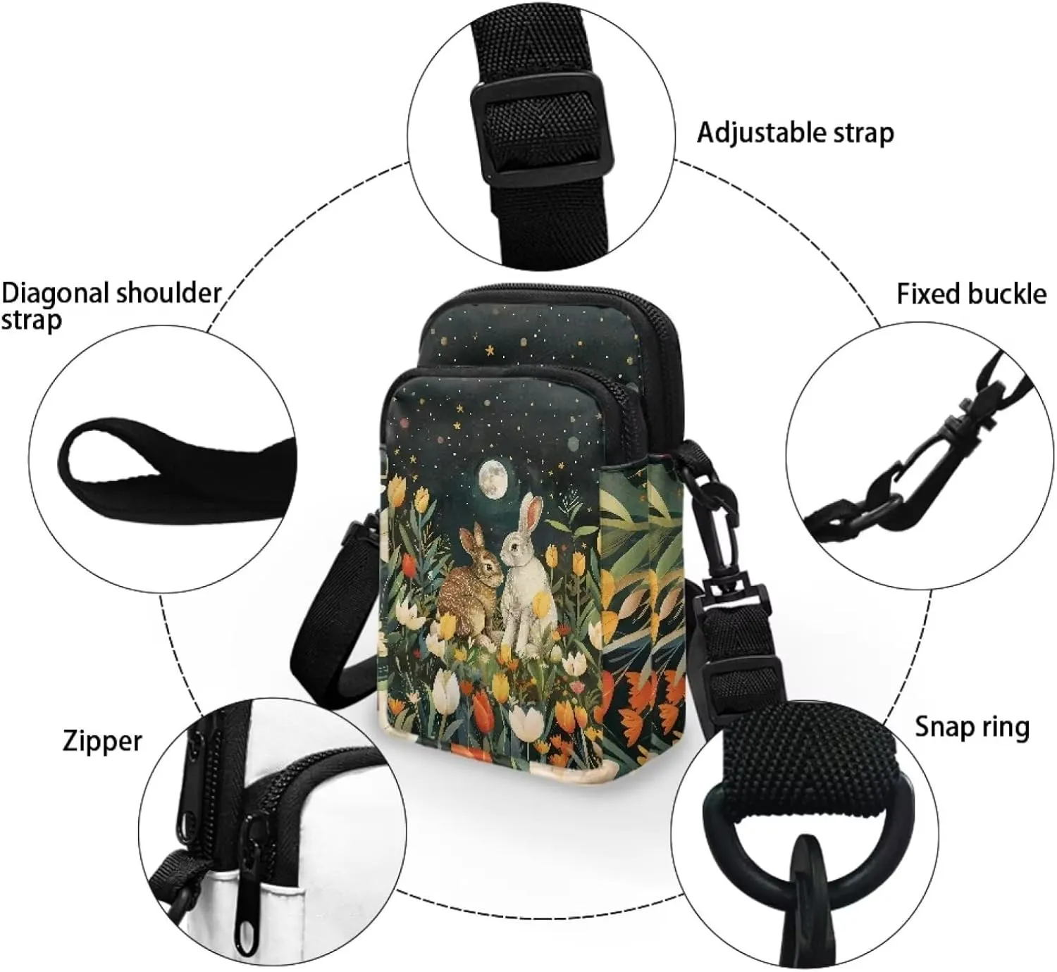 Brown White Gray Bunny Colorful Tulip Print Satchel Bags for Women, Small Crossbody Shoulder Bag with Compartments, Phone Holder Wallet Sling Bag with Front Pocket