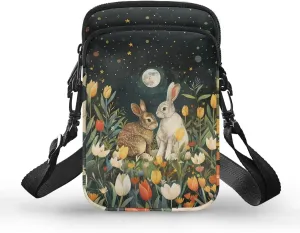 Brown White Gray Bunny Colorful Tulip Print Satchel Bags for Women, Small Crossbody Shoulder Bag with Compartments, Phone Holder Wallet Sling Bag with Front Pocket