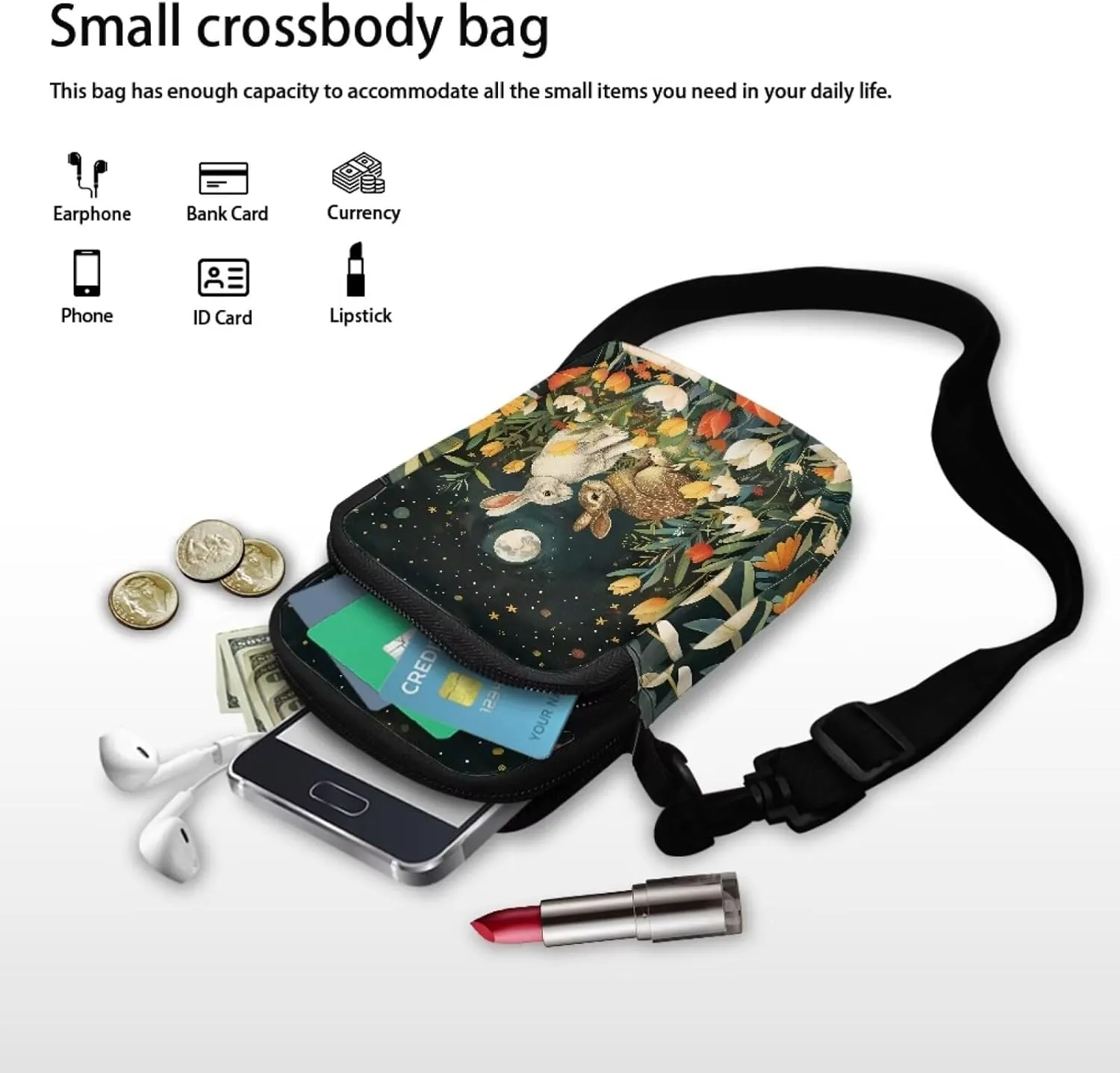 Brown White Gray Bunny Colorful Tulip Print Satchel Bags for Women, Small Crossbody Shoulder Bag with Compartments, Phone Holder Wallet Sling Bag with Front Pocket