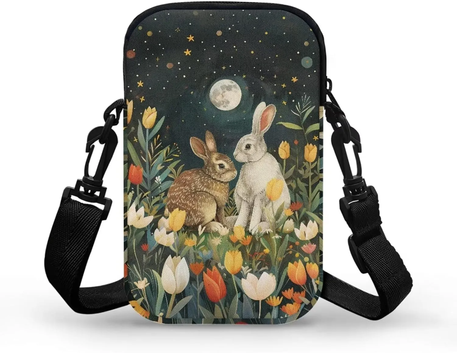 Brown White Gray Bunny Colorful Tulip Print Satchel Bags for Women, Small Crossbody Shoulder Bag with Compartments, Phone Holder Wallet Sling Bag with Front Pocket
