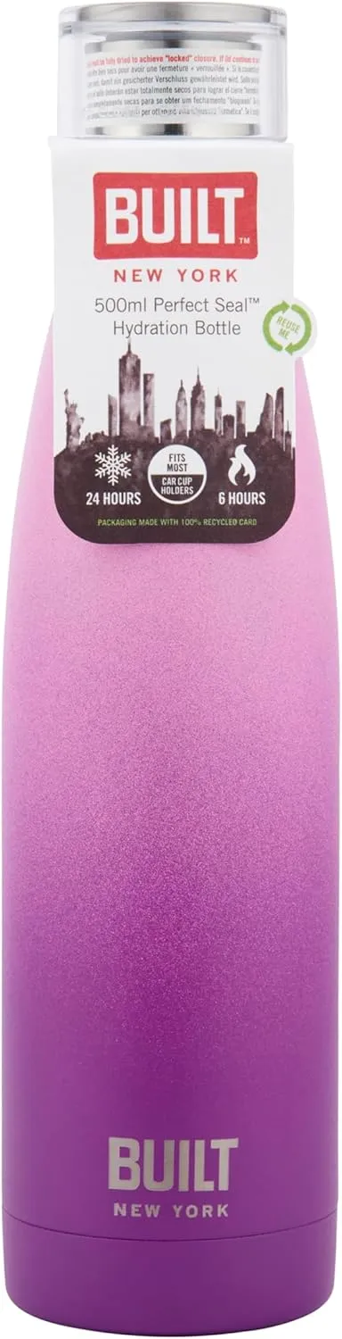 Built Perfect Seal Leakproof Insulated Water Bottle/Thermal Flask, Stainless Steel, 480 ml, Pink/Purple Ombre