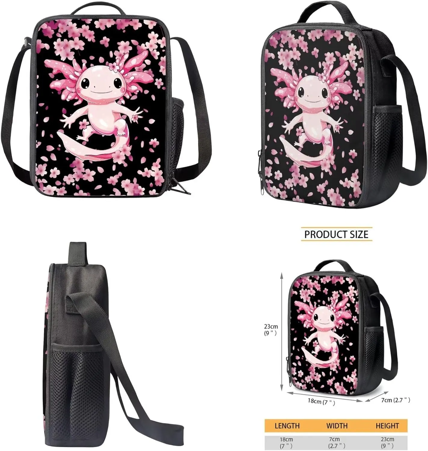 Bulopur Axolotl Bookbag for Girls 7-8 Cherry Blossom Backpack with Lunch Box and Pencil Case 3 PCS School Backpack for Elementary School Girls Kids Rucksack with Laptop Compartment