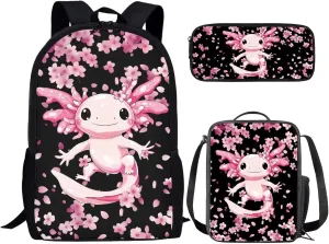 Bulopur Axolotl Bookbag for Girls 7-8 Cherry Blossom Backpack with Lunch Box and Pencil Case 3 PCS School Backpack for Elementary School Girls Kids Rucksack with Laptop Compartment