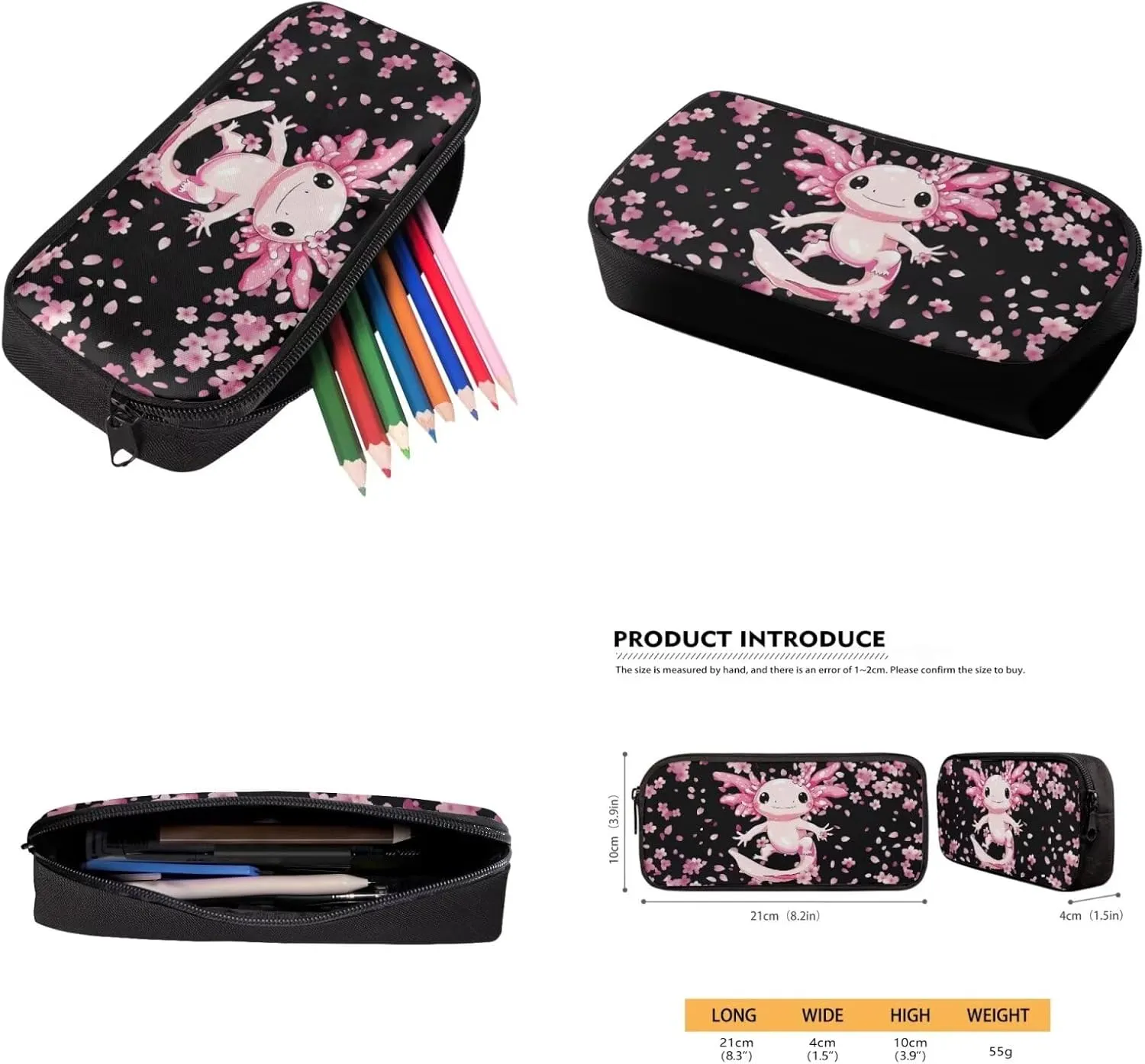 Bulopur Axolotl Bookbag for Girls 7-8 Cherry Blossom Backpack with Lunch Box and Pencil Case 3 PCS School Backpack for Elementary School Girls Kids Rucksack with Laptop Compartment