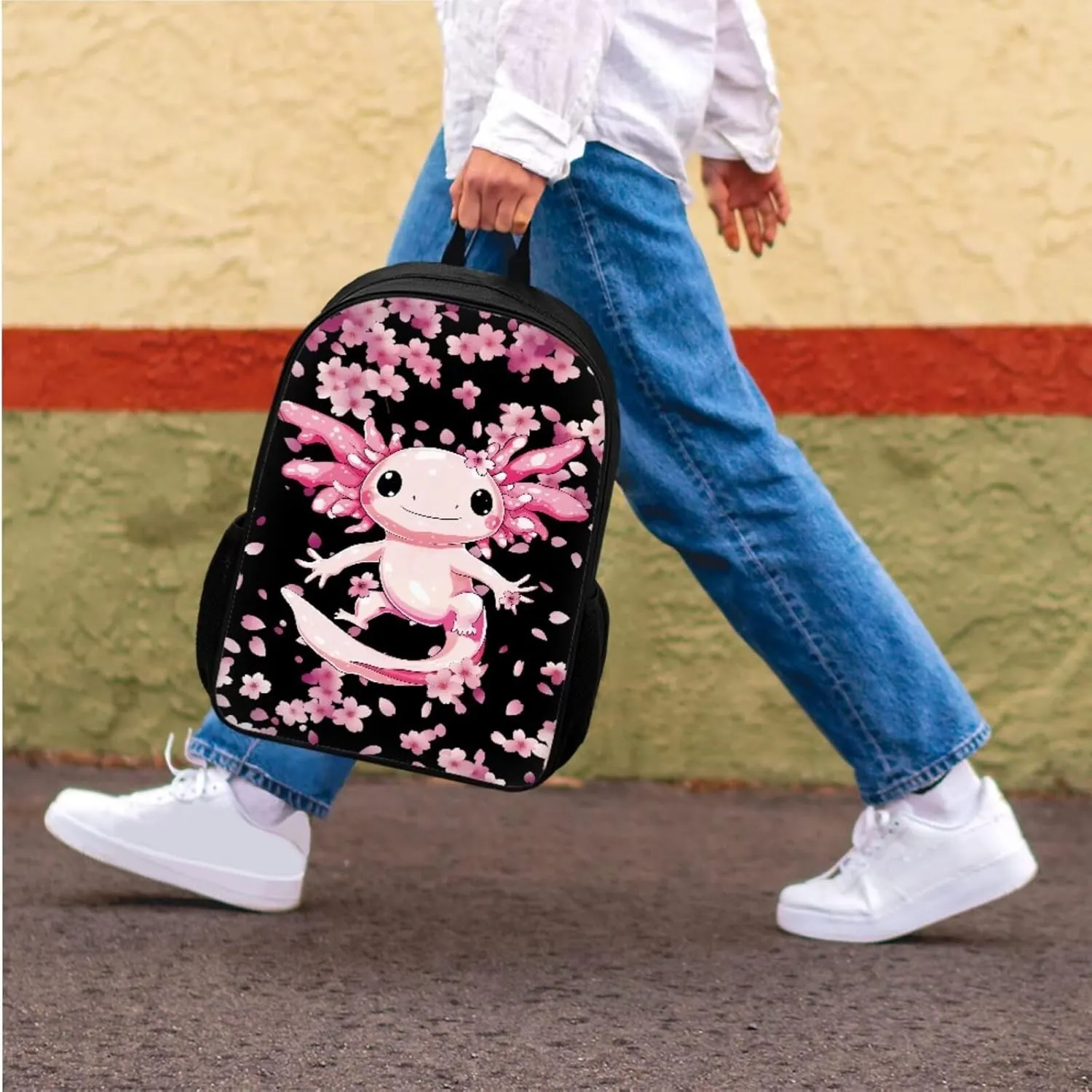 Bulopur Axolotl Bookbag for Girls 7-8 Cherry Blossom Backpack with Lunch Box and Pencil Case 3 PCS School Backpack for Elementary School Girls Kids Rucksack with Laptop Compartment