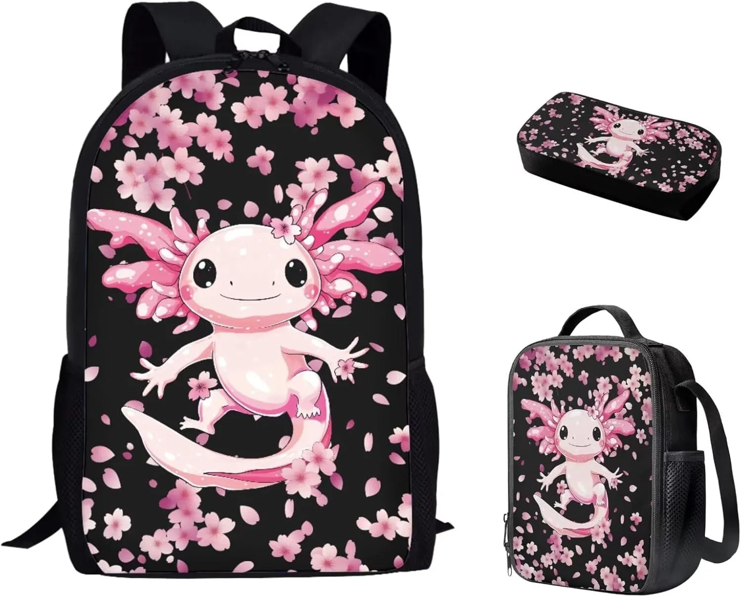 Bulopur Axolotl Bookbag for Girls 7-8 Cherry Blossom Backpack with Lunch Box and Pencil Case 3 PCS School Backpack for Elementary School Girls Kids Rucksack with Laptop Compartment