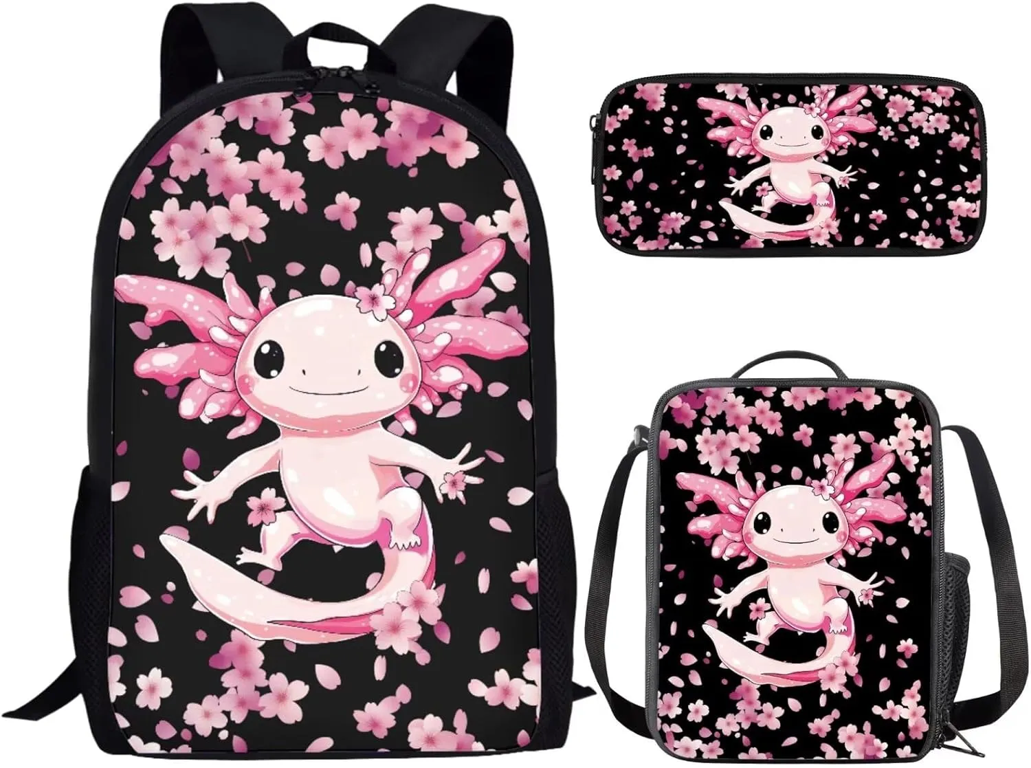 Bulopur Axolotl Bookbag for Girls 7-8 Cherry Blossom Backpack with Lunch Box and Pencil Case 3 PCS School Backpack for Elementary School Girls Kids Rucksack with Laptop Compartment