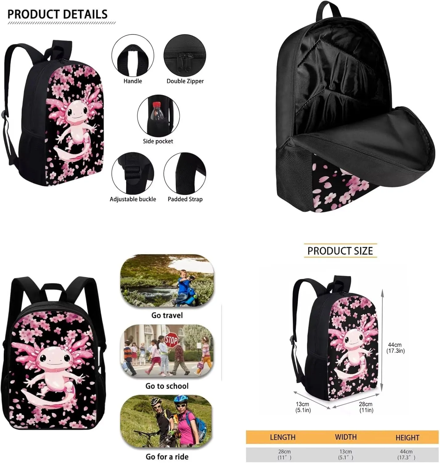 Bulopur Axolotl Bookbag for Girls 7-8 Cherry Blossom Backpack with Lunch Box and Pencil Case 3 PCS School Backpack for Elementary School Girls Kids Rucksack with Laptop Compartment