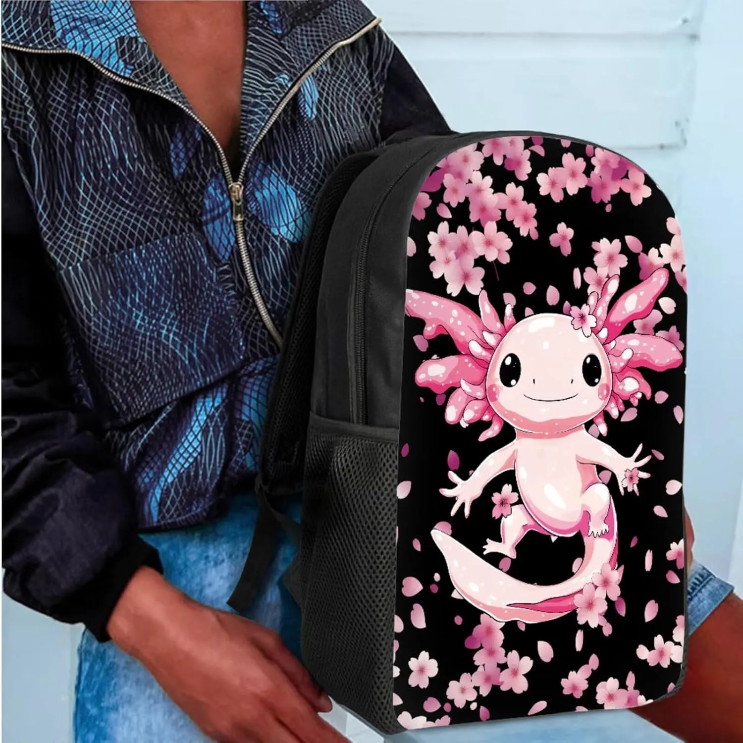 Bulopur Axolotl Bookbag for Girls 7-8 Cherry Blossom Backpack with Lunch Box and Pencil Case 3 PCS School Backpack for Elementary School Girls Kids Rucksack with Laptop Compartment