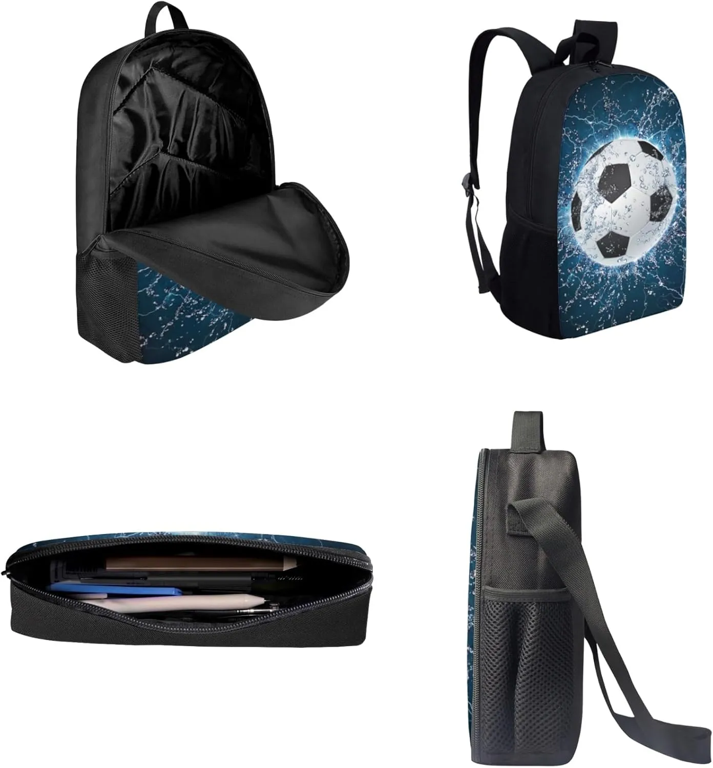 Bulopur Football School Bookbags With Lunch Bag Pencil Case Casual Daypack, Blue Lightning Soccer Backpacks Set 3-in-1 Kids Durable School Bag