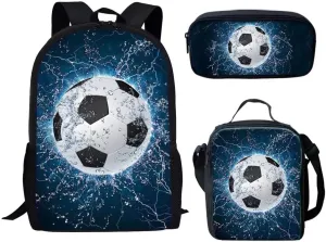 Bulopur Football School Bookbags With Lunch Bag Pencil Case Casual Daypack, Blue Lightning Soccer Backpacks Set 3-in-1 Kids Durable School Bag