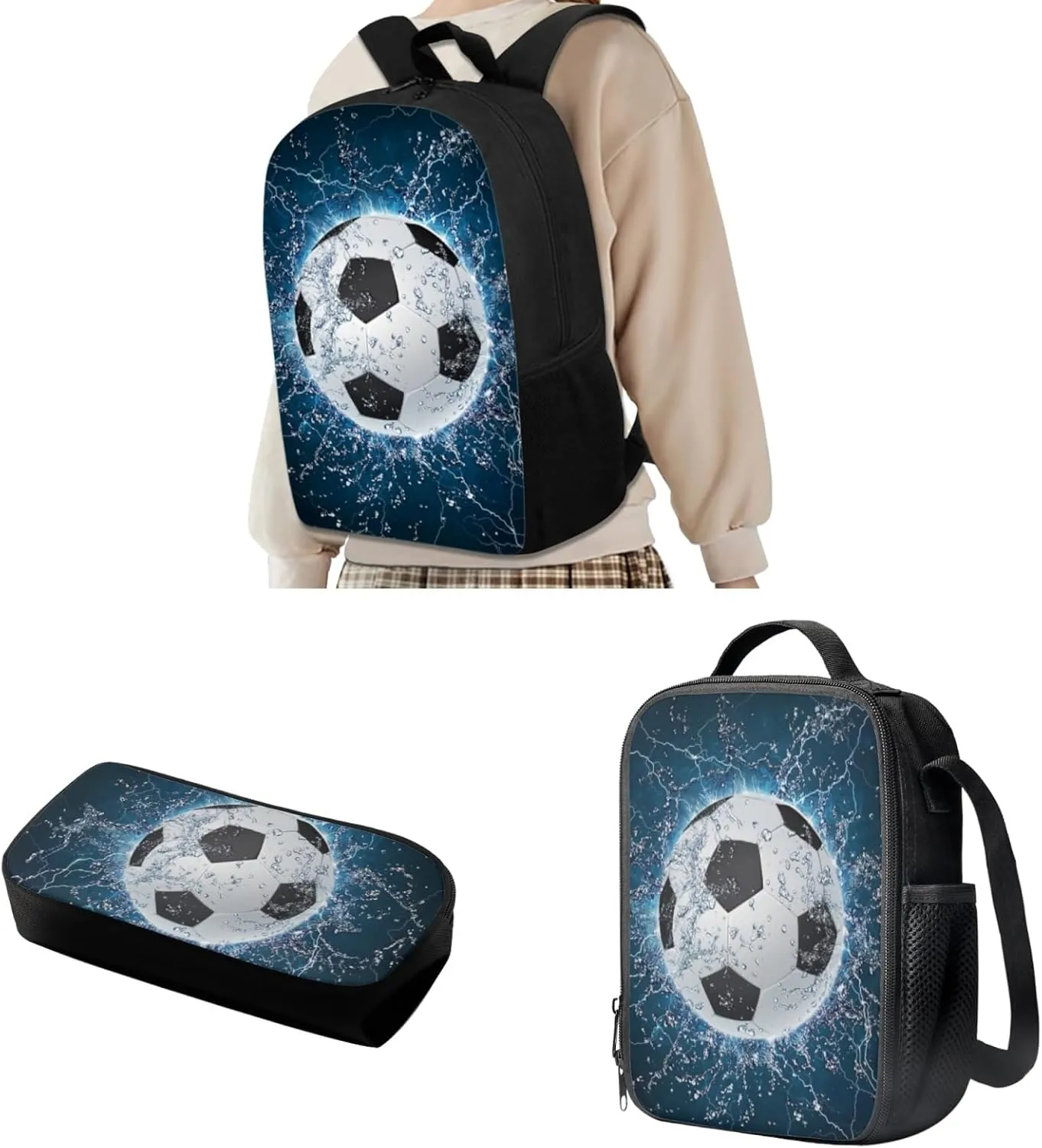 Bulopur Football School Bookbags With Lunch Bag Pencil Case Casual Daypack, Blue Lightning Soccer Backpacks Set 3-in-1 Kids Durable School Bag