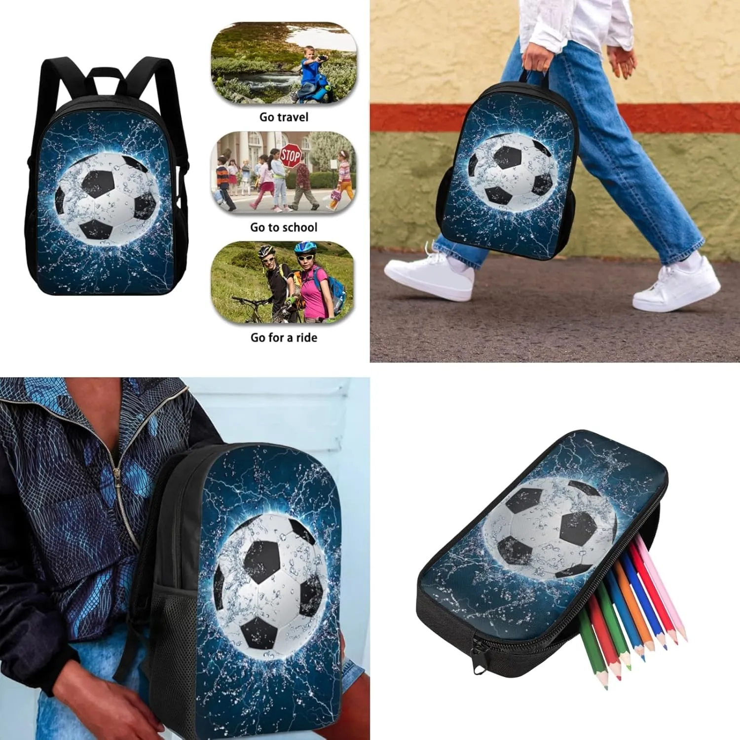Bulopur Football School Bookbags With Lunch Bag Pencil Case Casual Daypack, Blue Lightning Soccer Backpacks Set 3-in-1 Kids Durable School Bag