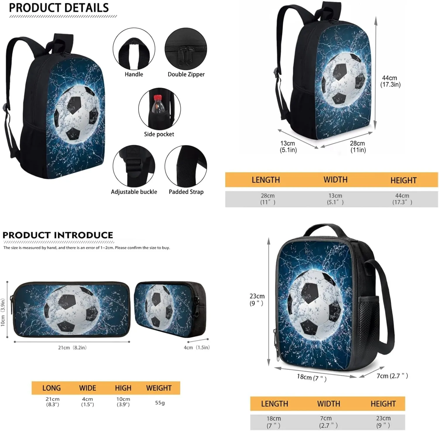 Bulopur Football School Bookbags With Lunch Bag Pencil Case Casual Daypack, Blue Lightning Soccer Backpacks Set 3-in-1 Kids Durable School Bag