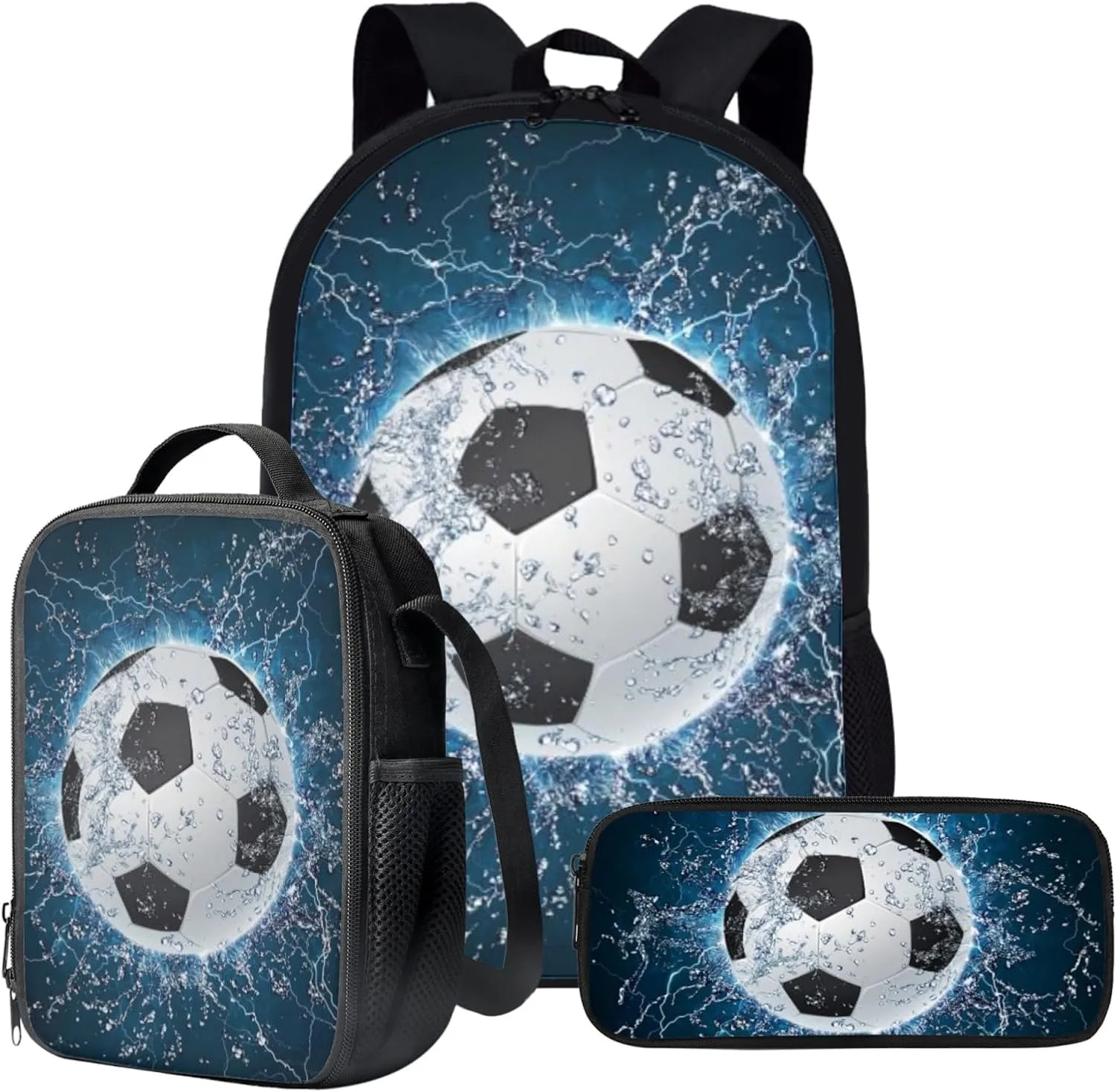 Bulopur Football School Bookbags With Lunch Bag Pencil Case Casual Daypack, Blue Lightning Soccer Backpacks Set 3-in-1 Kids Durable School Bag