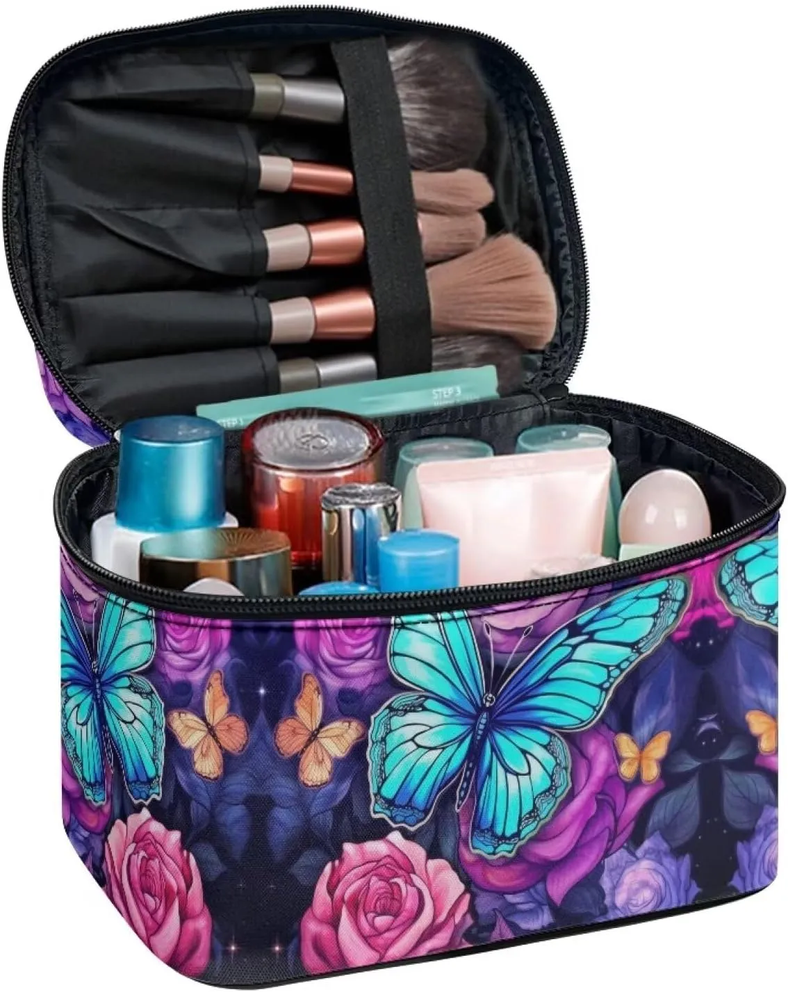 Butterfly Makeup Bag with Handle Toiletry Bag with Makeup Brush Holder Cute Cosmetic Bag for Women Portable Skin Care Bag Travel Accessories Bags for Small Items Birthday Gifts for Teen Girls