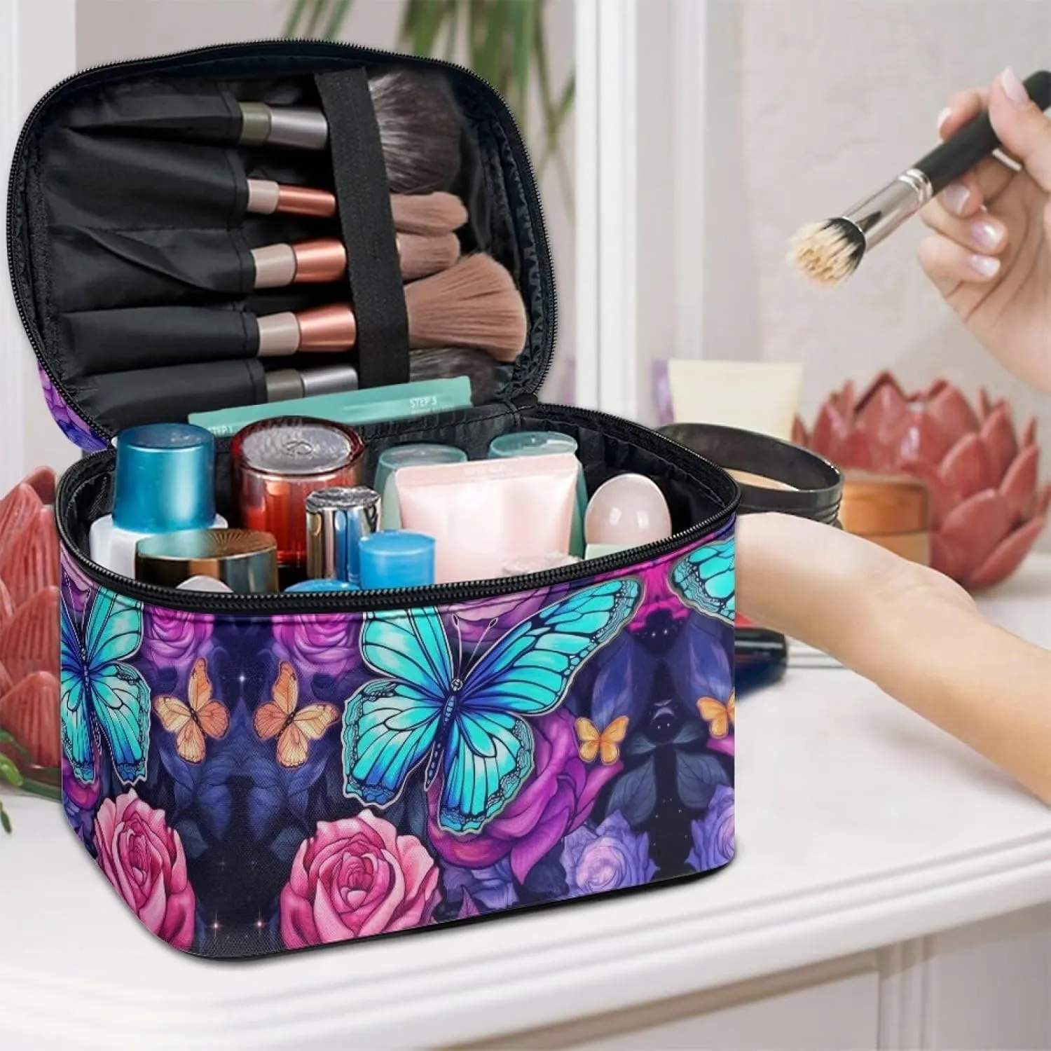 Butterfly Makeup Bag with Handle Toiletry Bag with Makeup Brush Holder Cute Cosmetic Bag for Women Portable Skin Care Bag Travel Accessories Bags for Small Items Birthday Gifts for Teen Girls