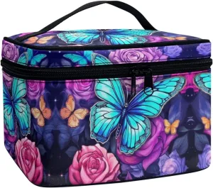 Butterfly Makeup Bag with Handle Toiletry Bag with Makeup Brush Holder Cute Cosmetic Bag for Women Portable Skin Care Bag Travel Accessories Bags for Small Items Birthday Gifts for Teen Girls