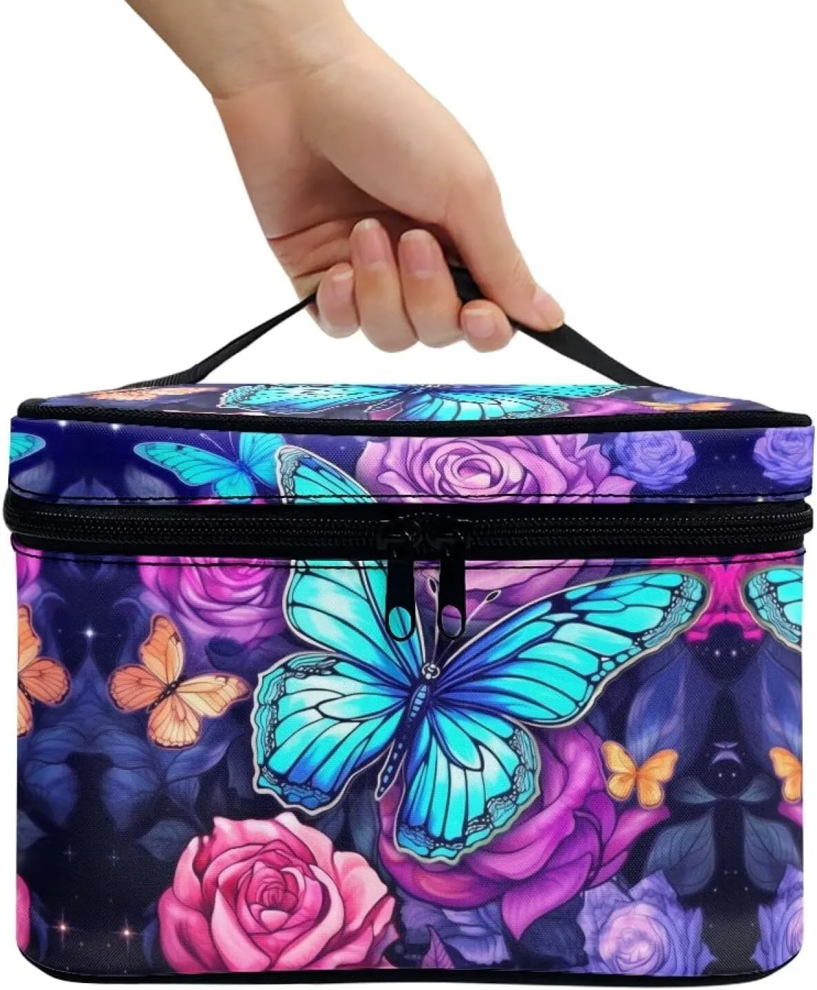Butterfly Makeup Bag with Handle Toiletry Bag with Makeup Brush Holder Cute Cosmetic Bag for Women Portable Skin Care Bag Travel Accessories Bags for Small Items Birthday Gifts for Teen Girls