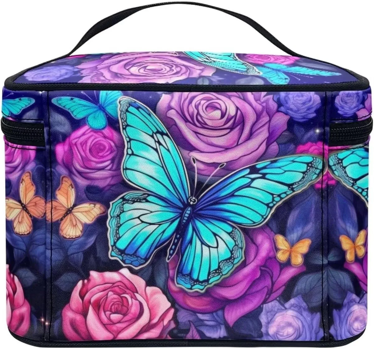 Butterfly Makeup Bag with Handle Toiletry Bag with Makeup Brush Holder Cute Cosmetic Bag for Women Portable Skin Care Bag Travel Accessories Bags for Small Items Birthday Gifts for Teen Girls