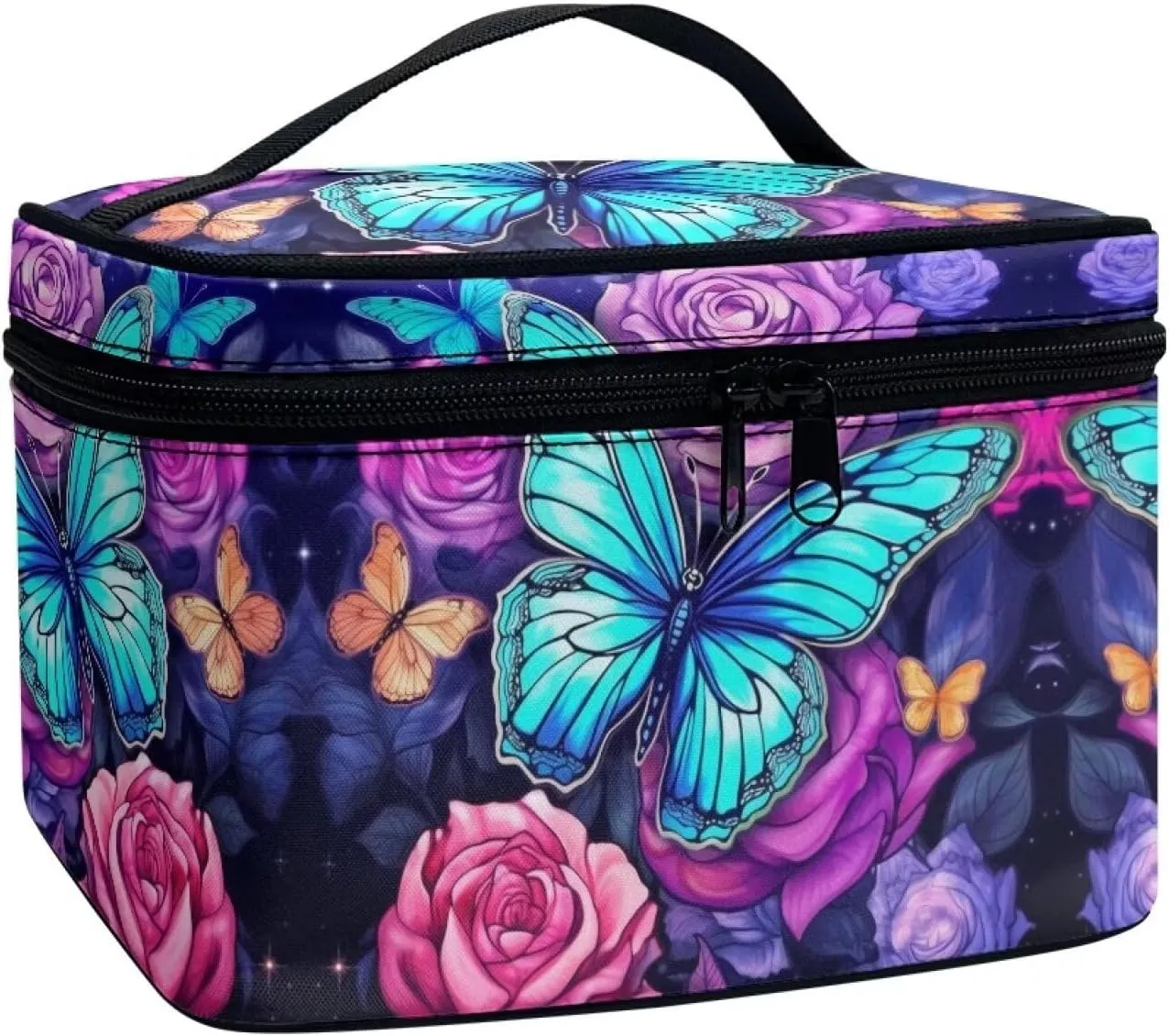 Butterfly Makeup Bag with Handle Toiletry Bag with Makeup Brush Holder Cute Cosmetic Bag for Women Portable Skin Care Bag Travel Accessories Bags for Small Items Birthday Gifts for Teen Girls