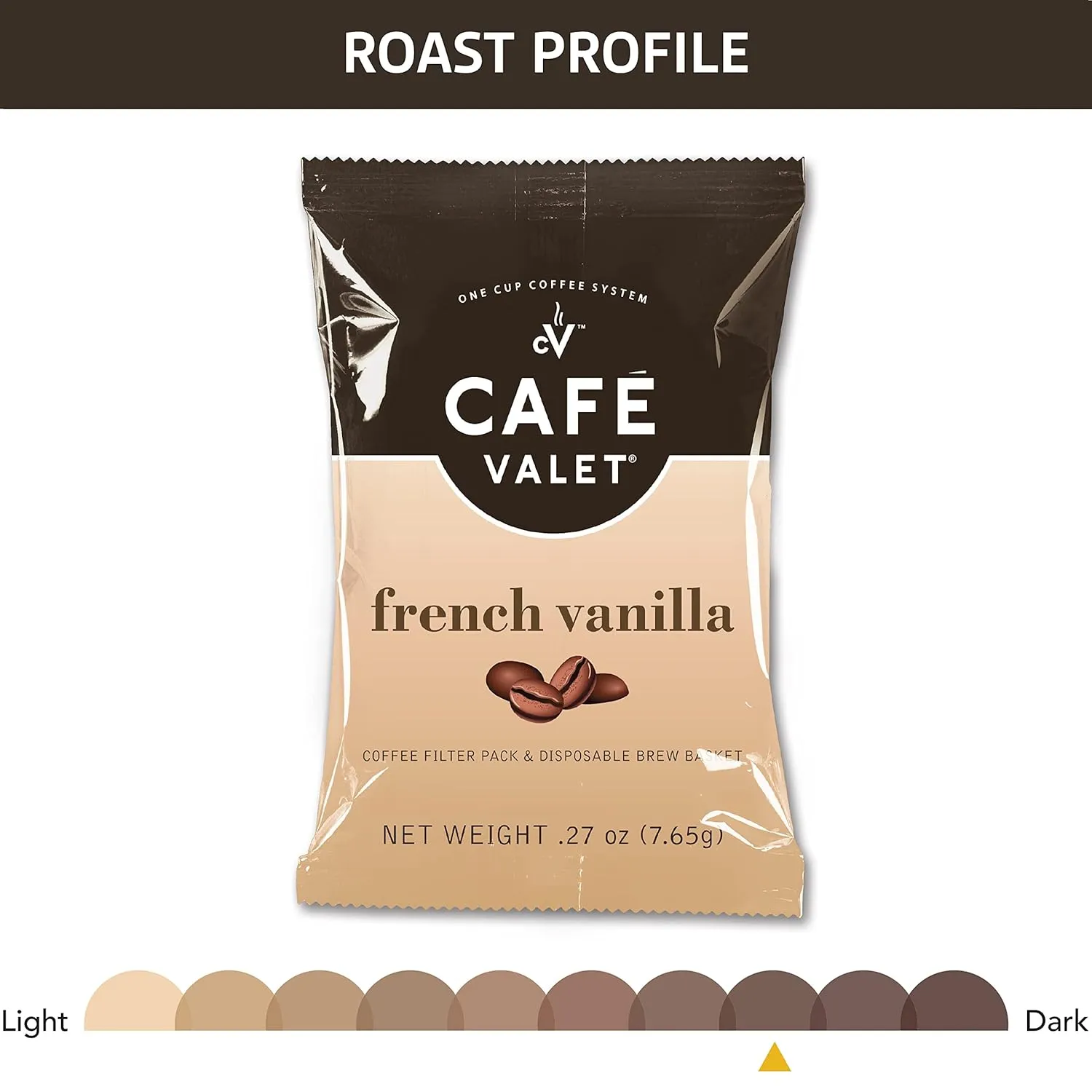 Cafe Valet Single Serve Individually Wrapped Coffee Packs, Regular Dark Roast and French Vanilla 100% Arabica Coffee, 168 Count