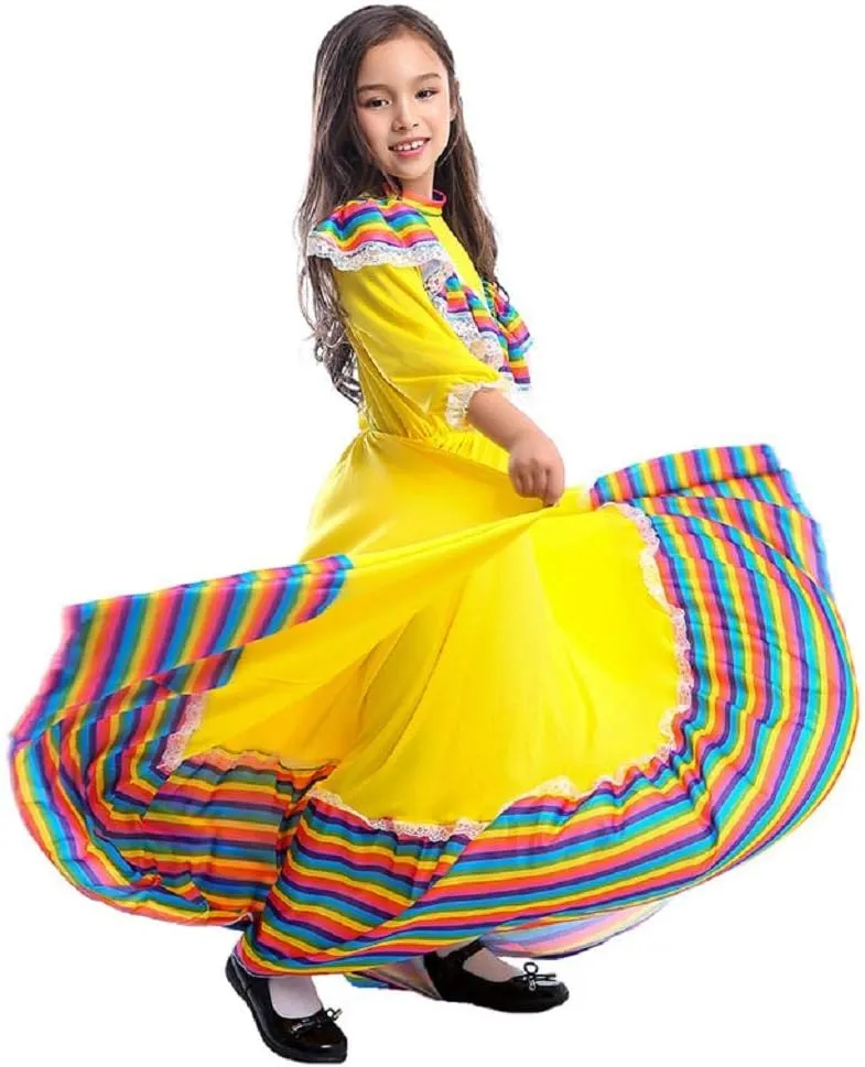 CAFELE Girls Mexican Traditional Dress National Style Dancer Fancy Princess Dress Halloween Carnival Birthday Party Costumes