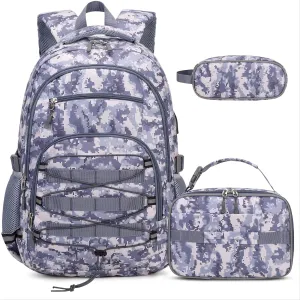Camo Backpack for Boys, Tactical Kids Backpack Boys, School Bags for Boy Children Teens Kids Elementary Middle High School, Military Bookbag and Lunch Bag Pencil Case Set with USB Charging Port