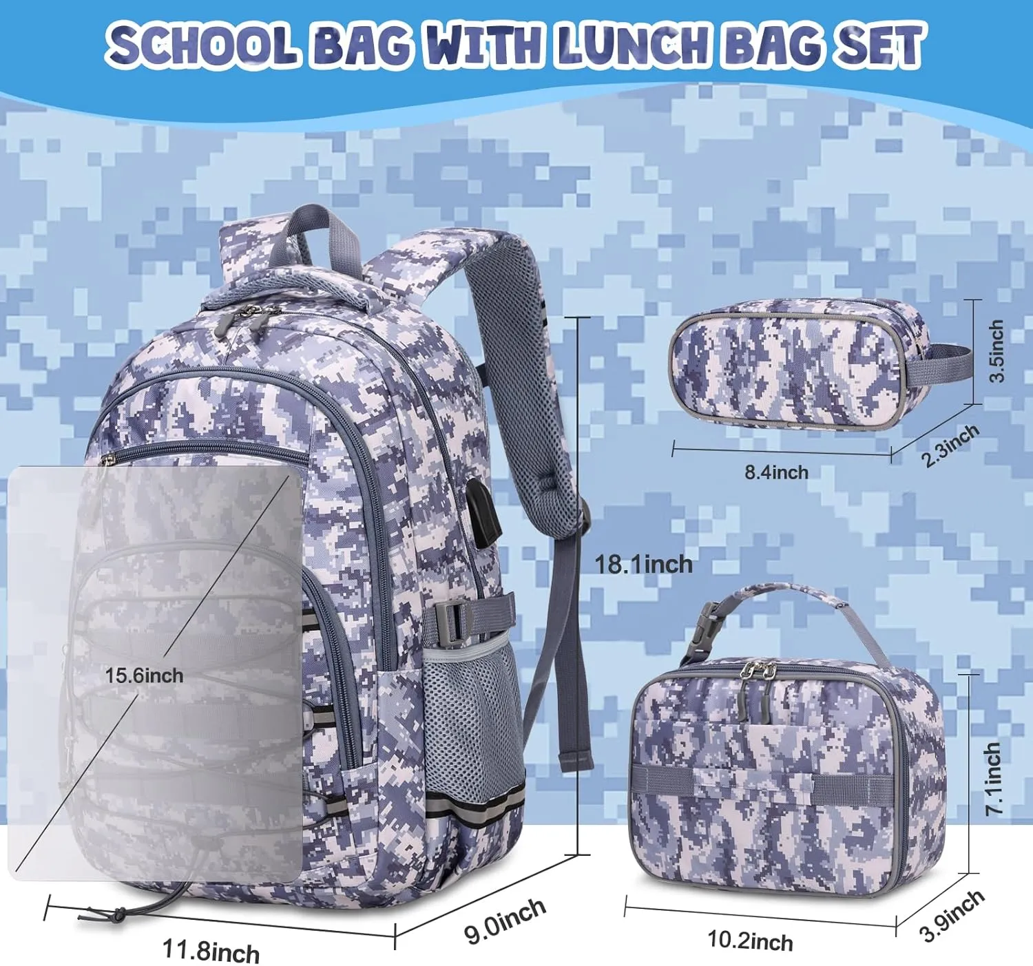 Camo Backpack for Boys, Tactical Kids Backpack Boys, School Bags for Boy Children Teens Kids Elementary Middle High School, Military Bookbag and Lunch Bag Pencil Case Set with USB Charging Port
