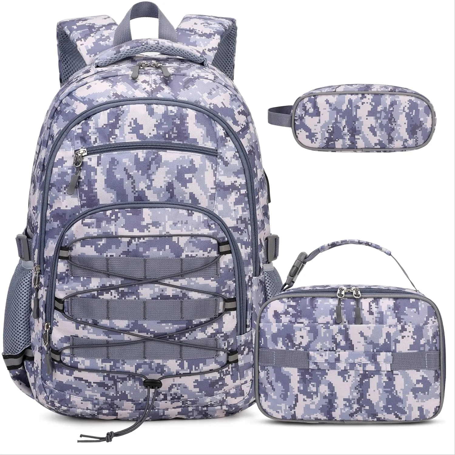 Camo Backpack for Boys, Tactical Kids Backpack Boys, School Bags for Boy Children Teens Kids Elementary Middle High School, Military Bookbag and Lunch Bag Pencil Case Set with USB Charging Port