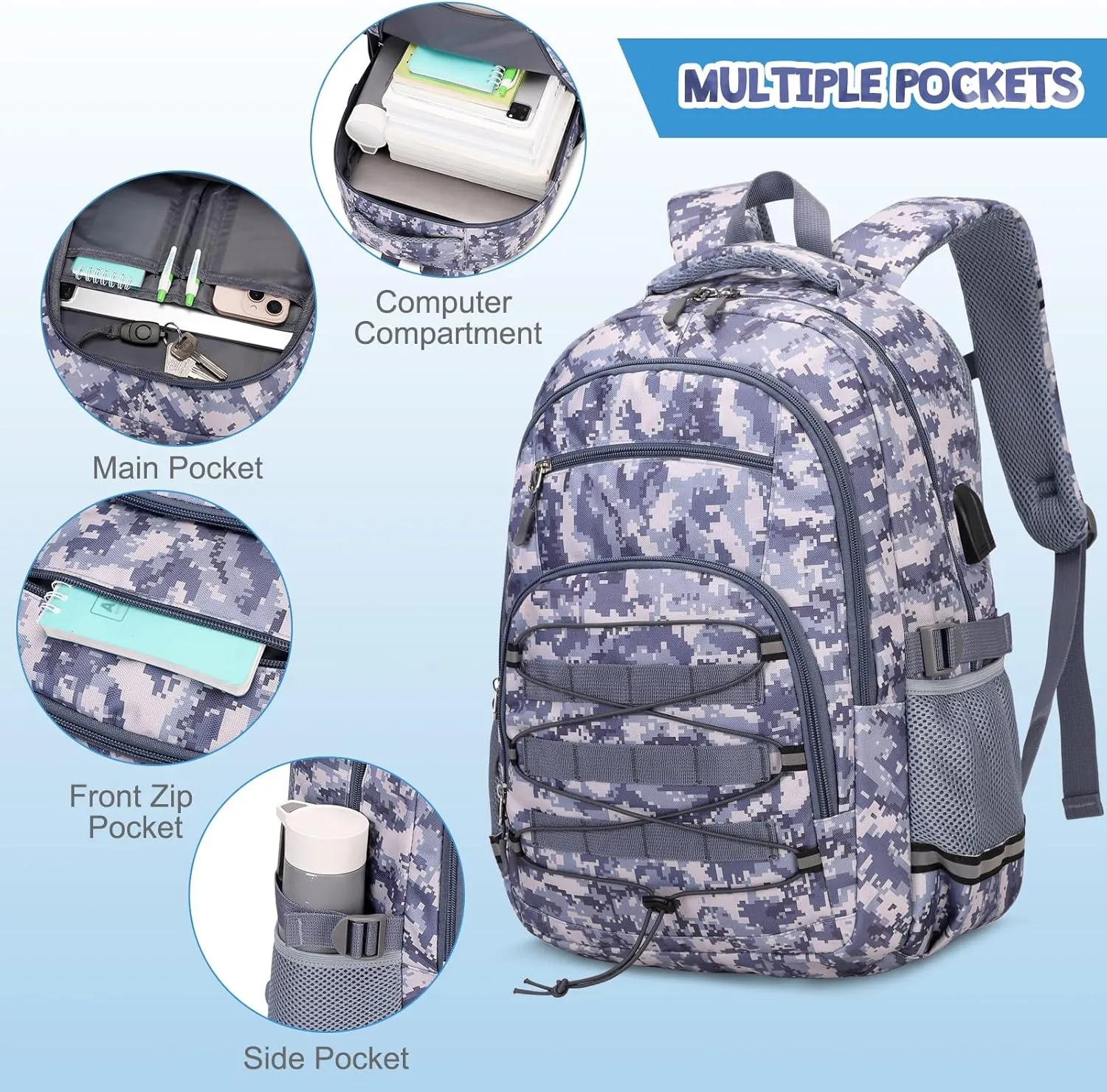 Camo Backpack for Boys, Tactical Kids Backpack Boys, School Bags for Boy Children Teens Kids Elementary Middle High School, Military Bookbag and Lunch Bag Pencil Case Set with USB Charging Port