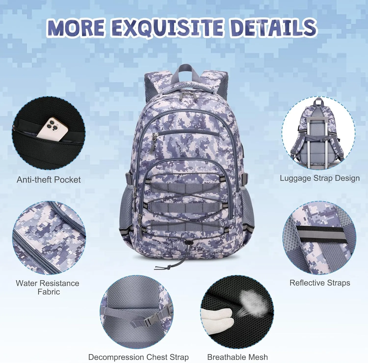 Camo Backpack for Boys, Tactical Kids Backpack Boys, School Bags for Boy Children Teens Kids Elementary Middle High School, Military Bookbag and Lunch Bag Pencil Case Set with USB Charging Port